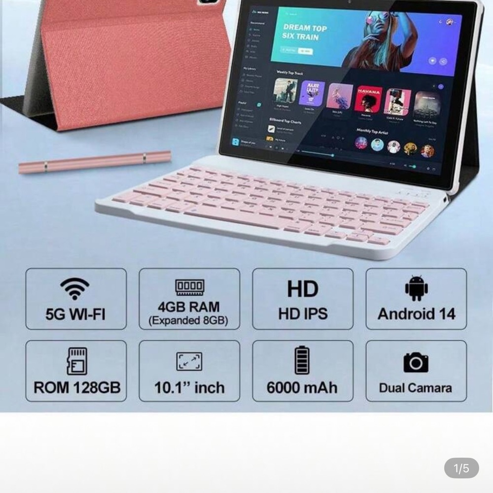 Pink Tablet with Keyboard - 10.1" HD Display, 5G Wi-Fi, Android 14